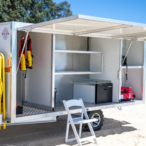 Surf trailer set up on mooloolaba beach