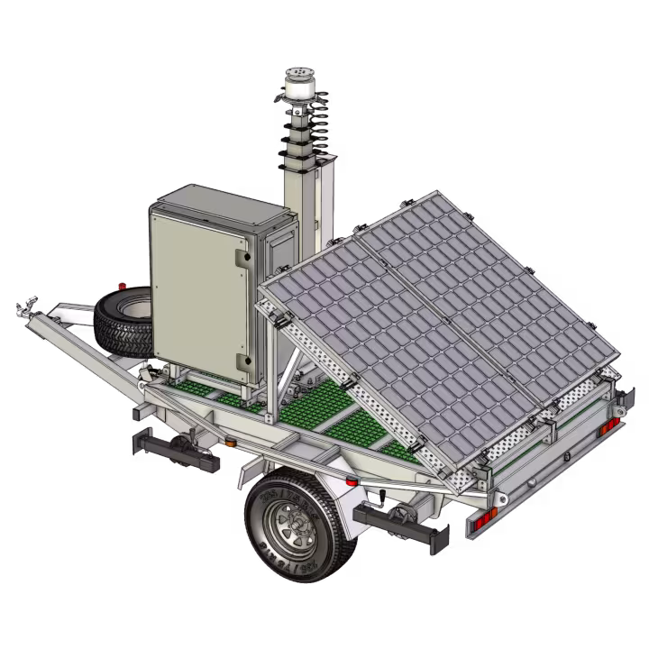 AMT Single Axle Trailer, 2-panel solar electric winch up mast - alternate side view