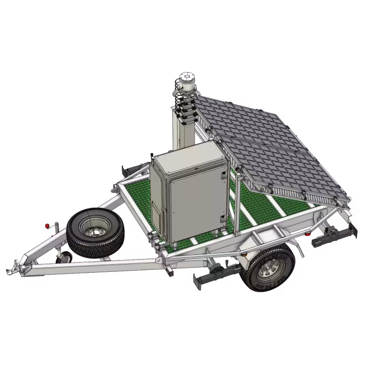 AMT Single Axle Trailer, 2-panel solar electric winch up mast - top angled view