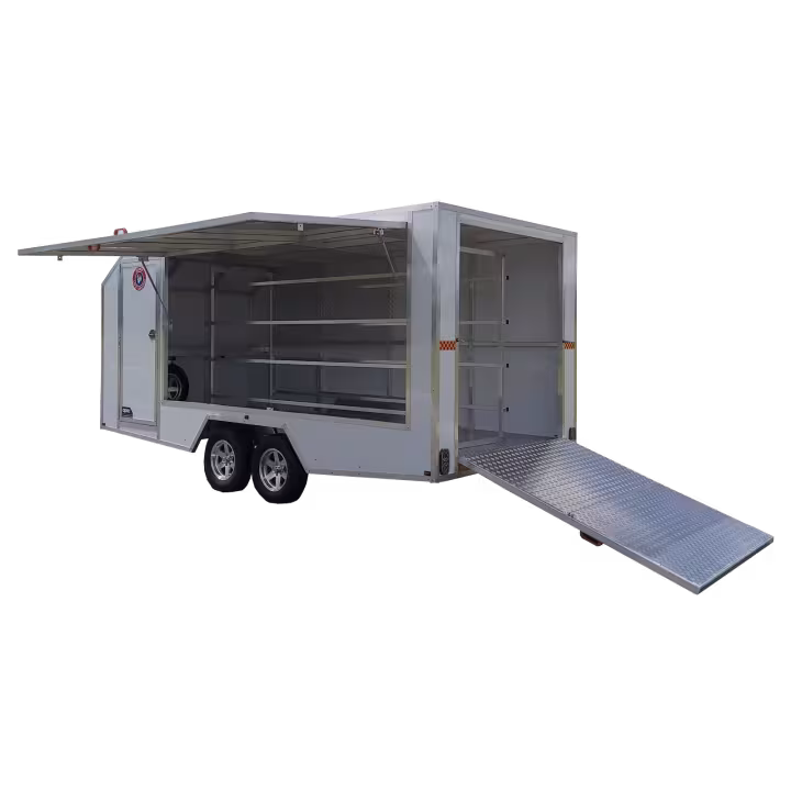Dual Axle aluminium events trailer nippers open