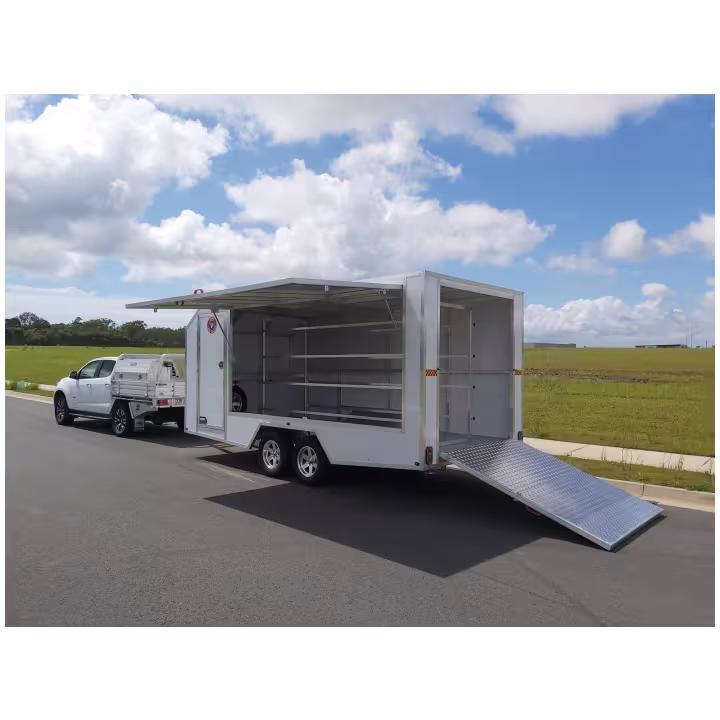 Dual Axle enclosed nippers trailer doors open rear view