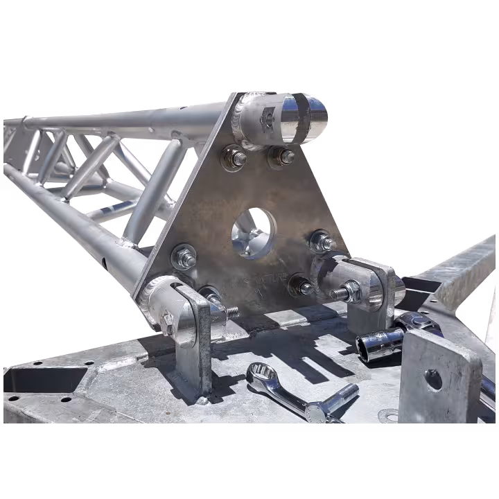 Hinged tripod tower base closeup