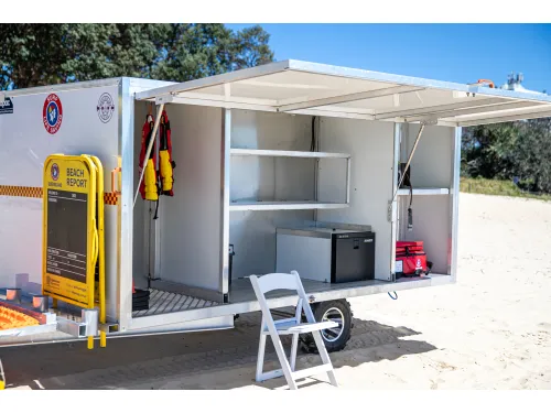 Surf trailer set up on mooloolaba beach
