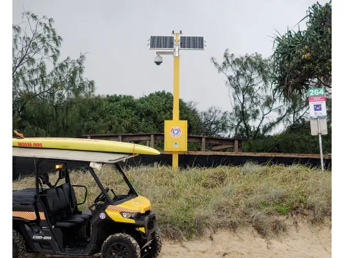 Solar camera pole for surf lifesaving